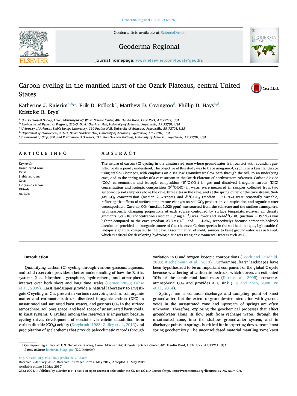 Carbon cycling in the mantled karst of the Ozark Plateaus, central United States