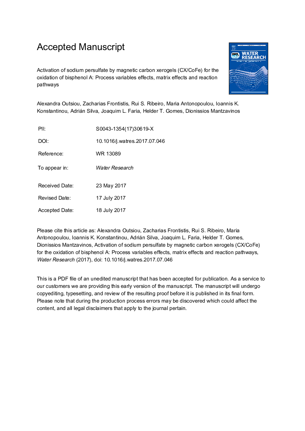 Activation of sodium persulfate by magnetic carbon xerogels (CX/CoFe) for the oxidation of bisphenol A: Process variables effects, matrix effects and reaction pathways