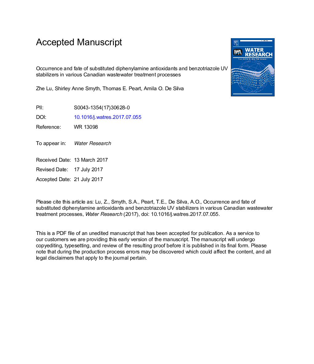 Occurrence and fate of substituted diphenylamine antioxidants and benzotriazole UV stabilizers in various Canadian wastewater treatment processes