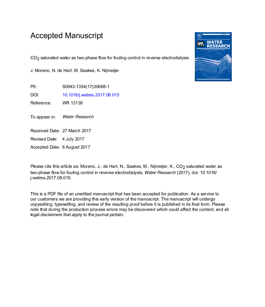 CO2 saturated water as two-phase flow for fouling control in reverse electrodialysis