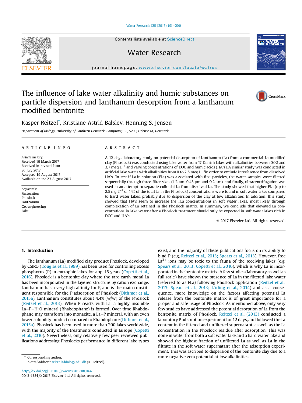 The influence of lake water alkalinity and humic substances on particle dispersion and lanthanum desorption from a lanthanum modified bentonite