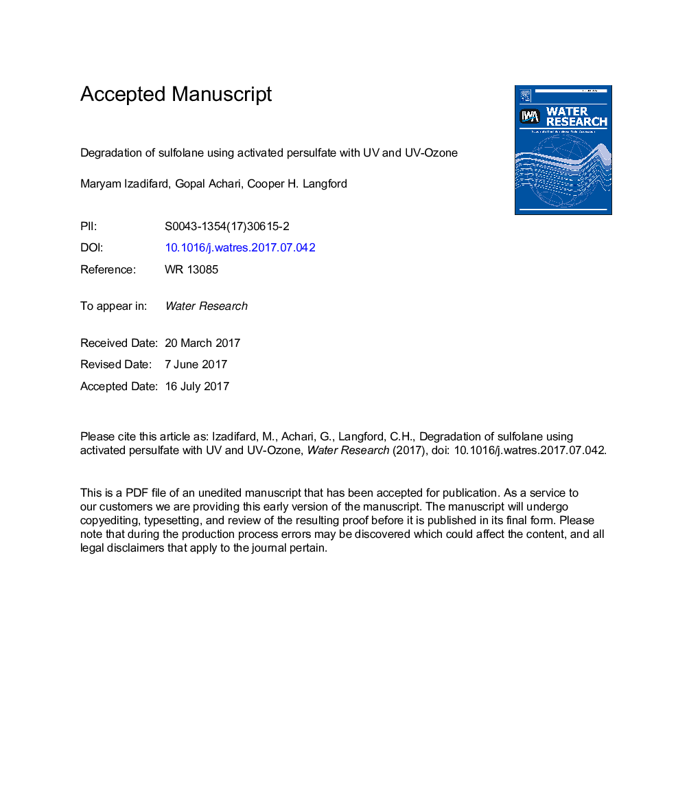 Degradation of sulfolane using activated persulfate with UV and UV-Ozone