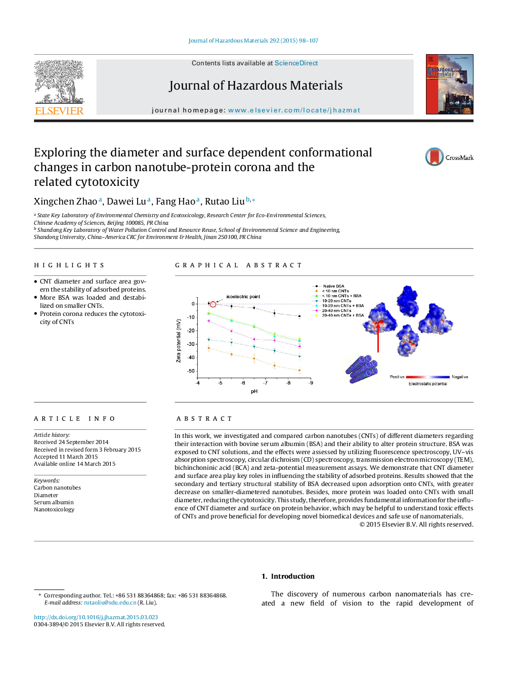 Exploring the diameter and surface dependent conformational changes in carbon nanotube-protein corona and the related cytotoxicity