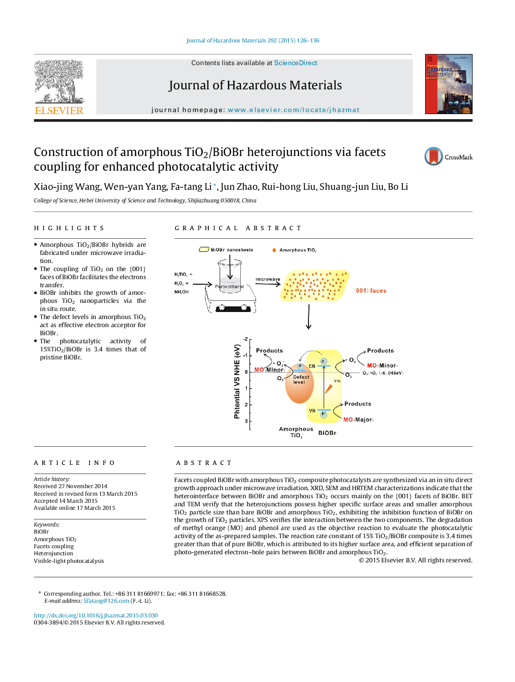 Construction of amorphous TiO2/BiOBr heterojunctions via facets coupling for enhanced photocatalytic activity