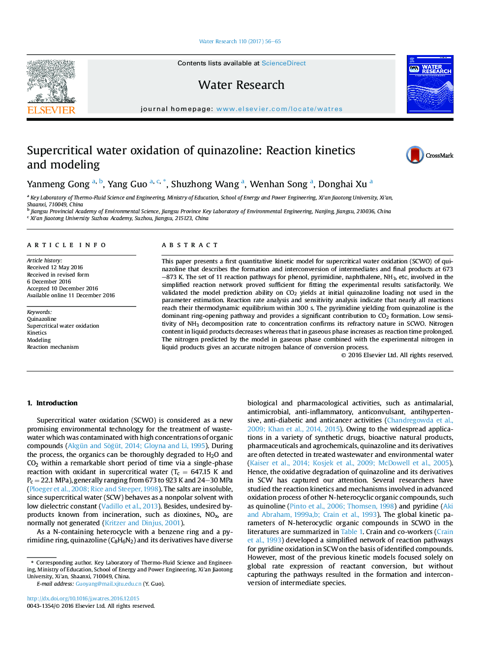 Supercritical water oxidation of quinazoline: Reaction kinetics andÂ modeling