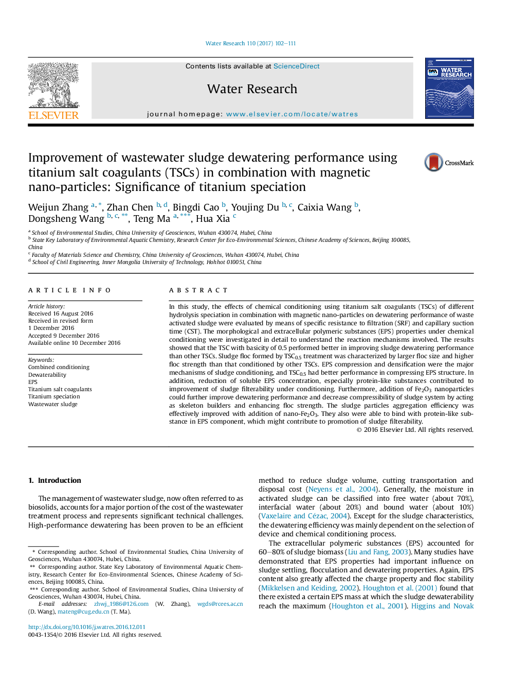 Improvement of wastewater sludge dewatering performance using titanium salt coagulants (TSCs) in combination with magnetic nano-particles: Significance of titanium speciation