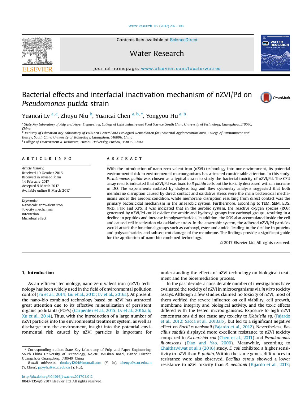 Bacterial effects and interfacial inactivation mechanism of nZVI/Pd on Pseudomonas putida strain