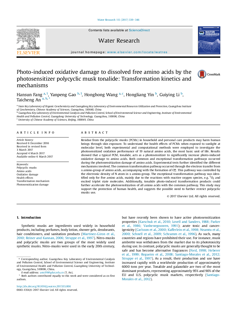 Photo-induced oxidative damage to dissolved free amino acids by the photosensitizer polycyclic musk tonalide: Transformation kinetics and mechanisms