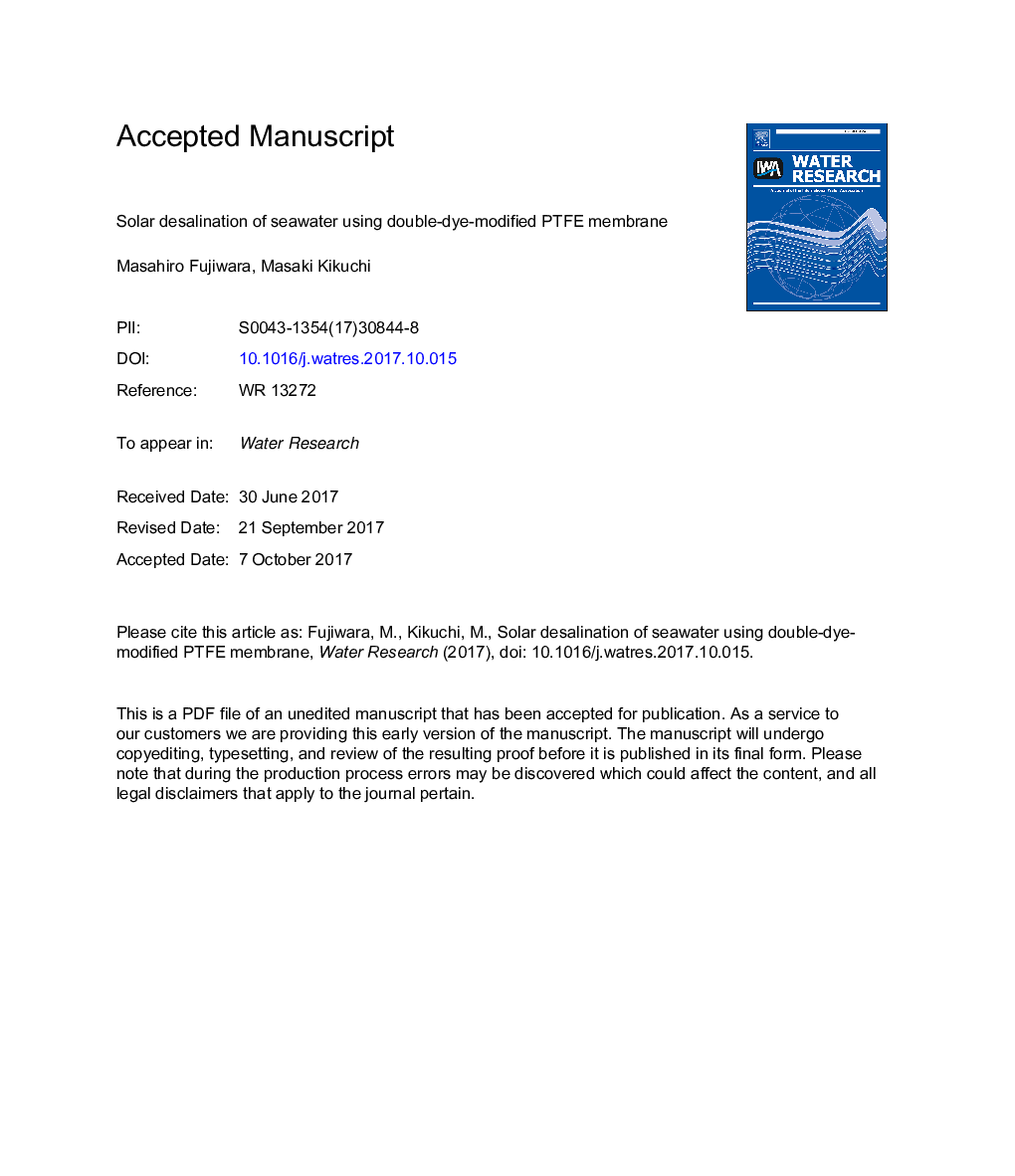 Solar desalination of seawater using double-dye-modified PTFE membrane