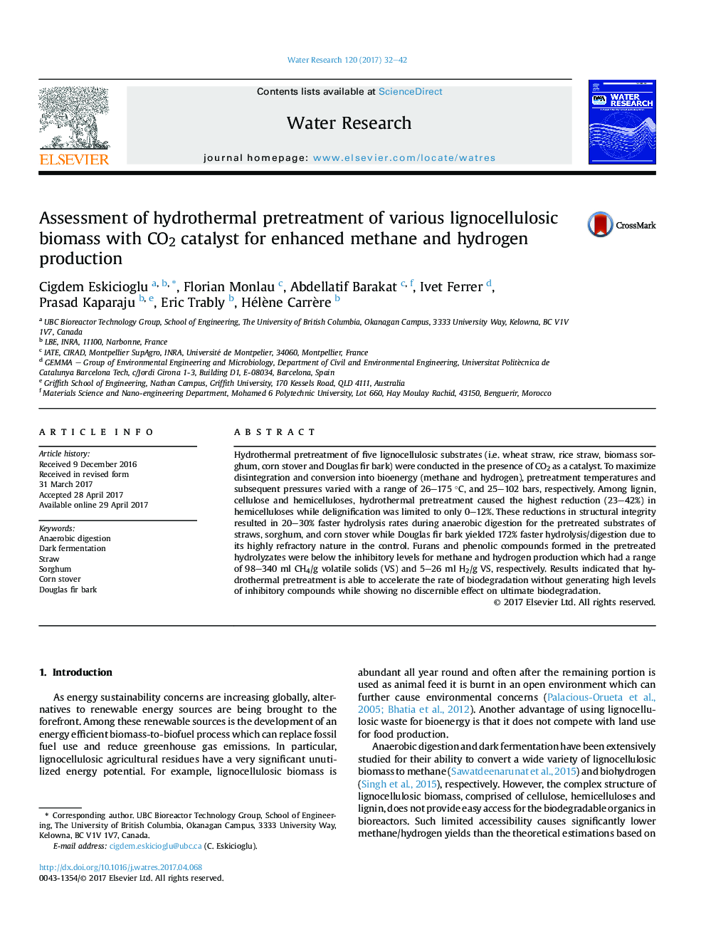 Assessment of hydrothermal pretreatment of various lignocellulosic biomass with CO2 catalyst for enhanced methane and hydrogen production