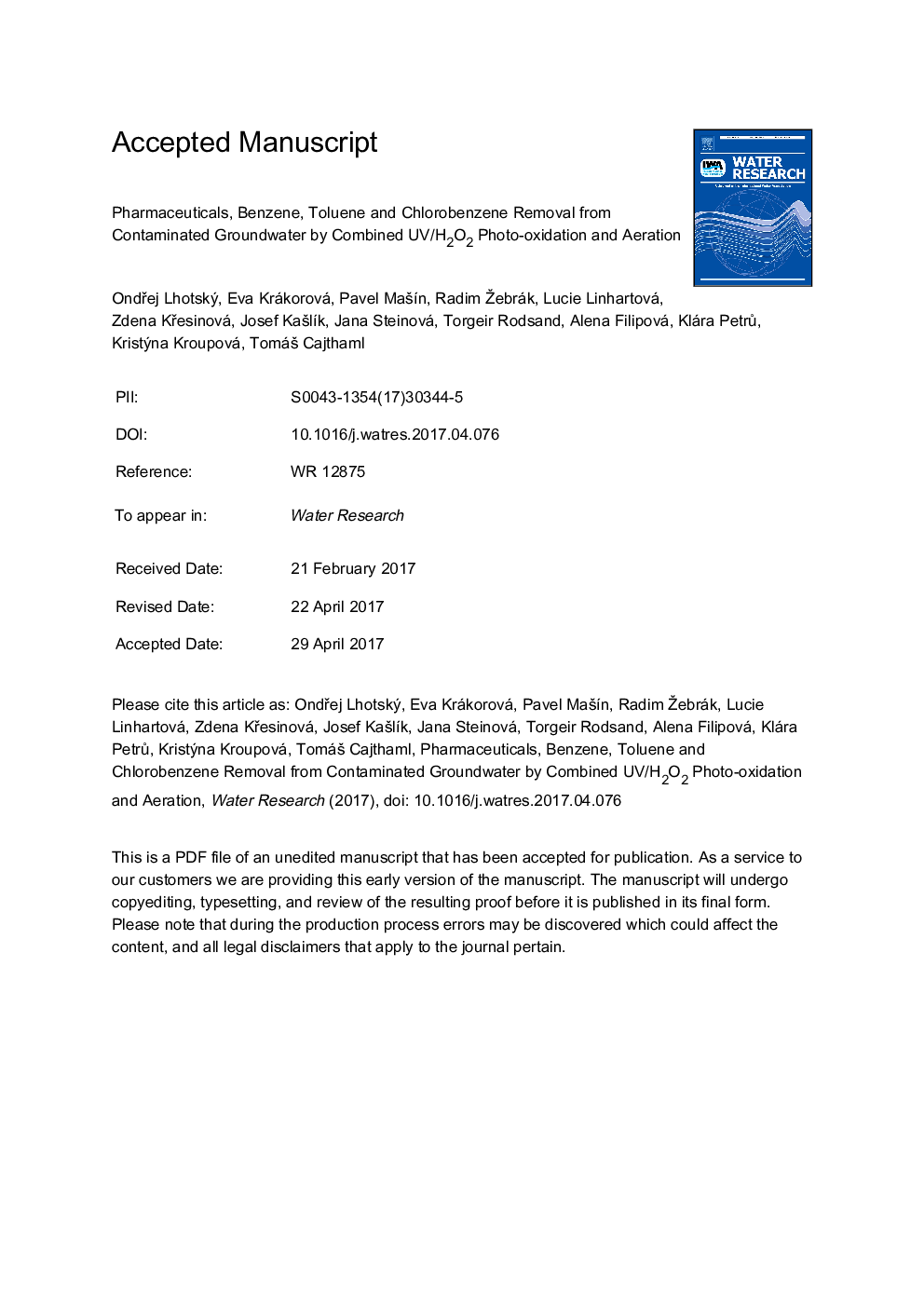 Pharmaceuticals, benzene, toluene and chlorobenzene removal from contaminated groundwater by combined UV/H2O2 photo-oxidation and aeration