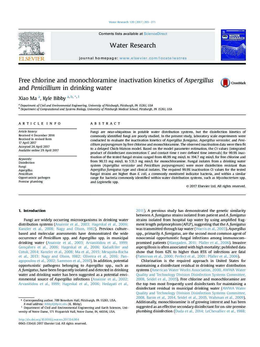 Free chlorine and monochloramine inactivation kinetics of Aspergillus and Penicillium in drinking water