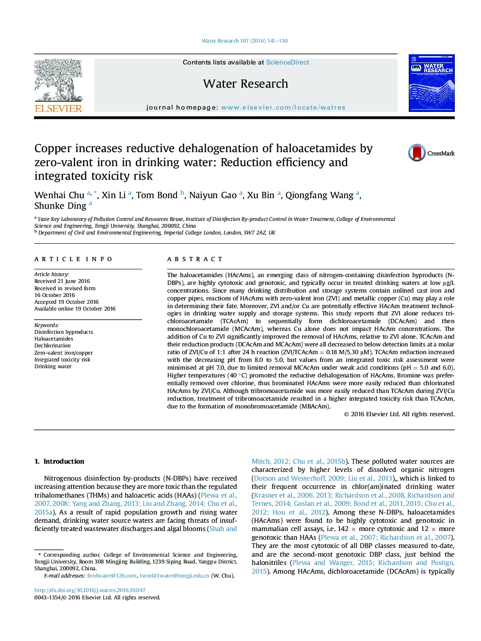 Copper increases reductive dehalogenation of haloacetamides by zero-valent iron in drinking water: Reduction efficiency and integrated toxicity risk