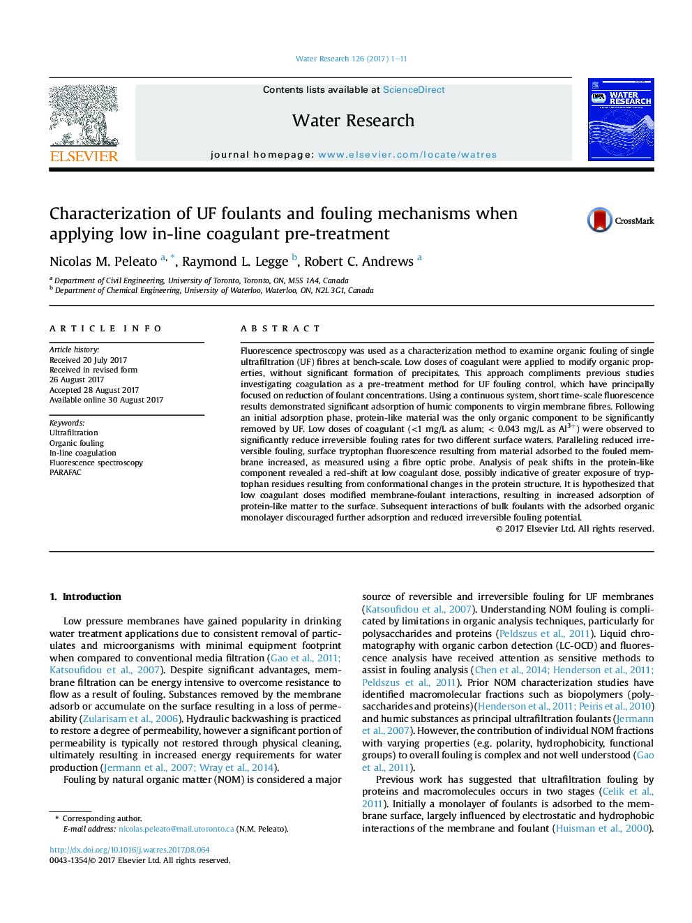 Characterization of UF foulants and fouling mechanisms when applying low in-line coagulant pre-treatment