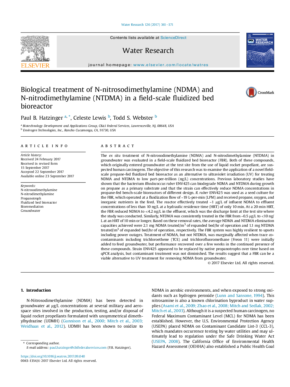 Biological treatment of N-nitrosodimethylamine (NDMA) and N-nitrodimethylamine (NTDMA) in a field-scale fluidized bed bioreactor