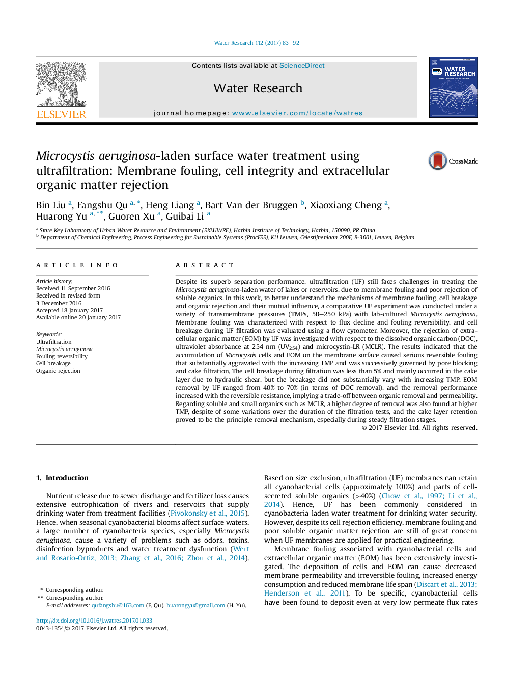 Microcystis aeruginosa-laden surface water treatment using ultrafiltration: Membrane fouling, cell integrity and extracellular organic matter rejection