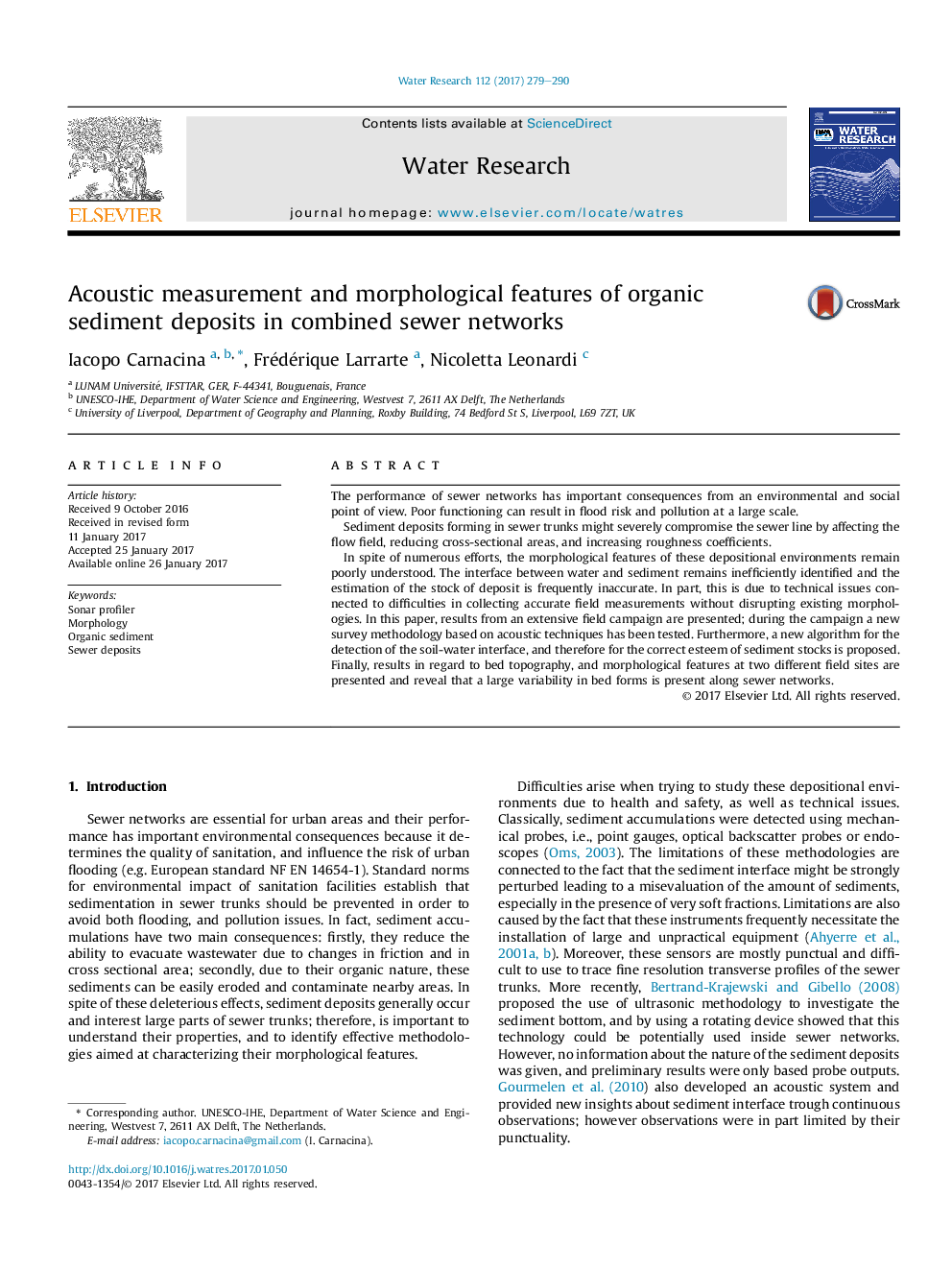 Acoustic measurement and morphological features of organic sediment deposits in combined sewer networks