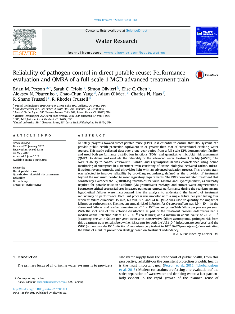 Reliability of pathogen control in direct potable reuse: Performance evaluation and QMRA of a full-scale 1 MGD advanced treatment train