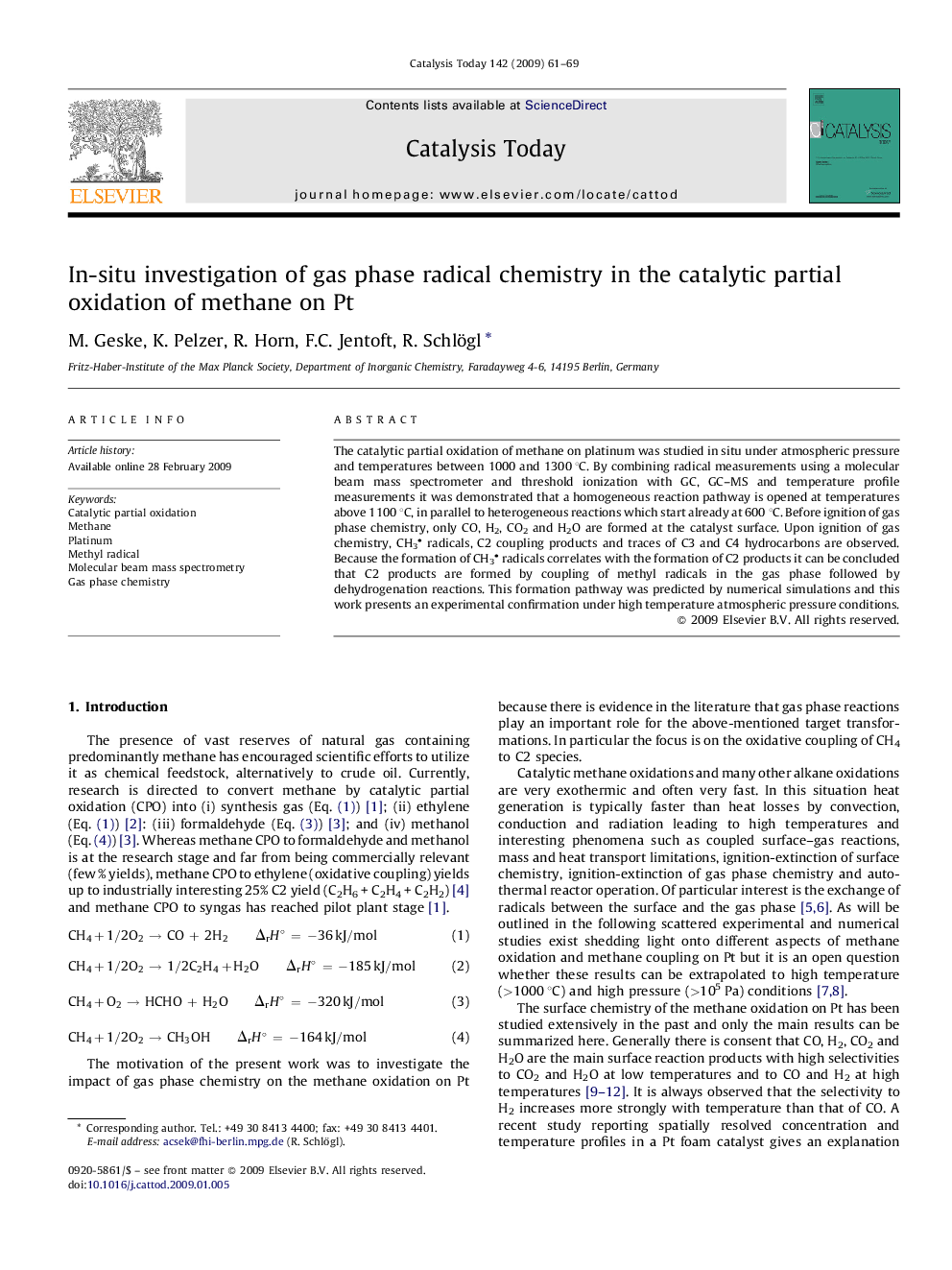 In-situ investigation of gas phase radical chemistry in the catalytic partial oxidation of methane on Pt