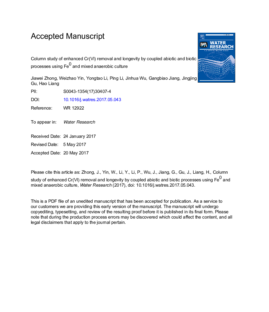 Column study of enhanced Cr(VI) removal and longevity by coupled abiotic and biotic processes using Fe0 and mixed anaerobic culture