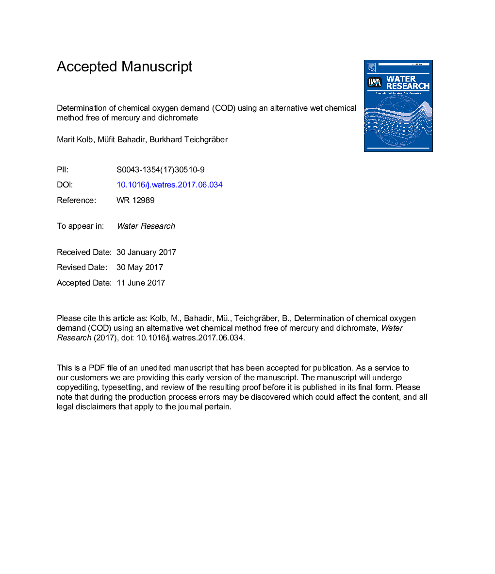 Determination of chemical oxygen demand (COD) using an alternative wet chemical method free of mercury and dichromate