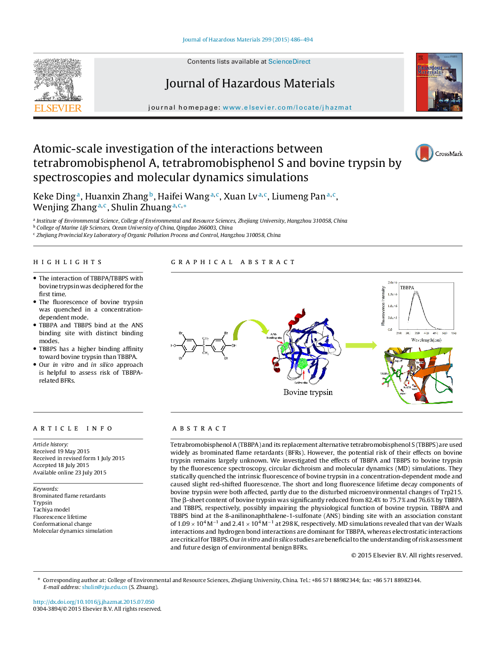 Atomic-scale investigation of the interactions between tetrabromobisphenol A, tetrabromobisphenol S and bovine trypsin by spectroscopies and molecular dynamics simulations