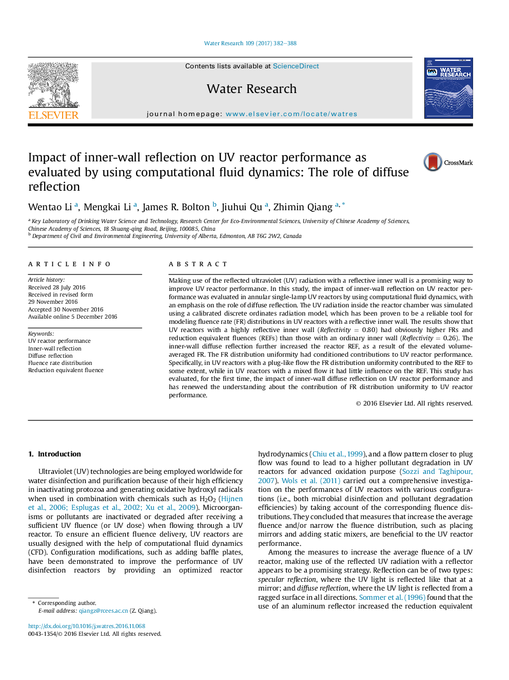عکس صفحه اول مقاله: Impact of inner-wall reflection on UV reactor performance as evaluated by using computational fluid dynamics: The role of diffuse reflection Impact of inner-wall reflection on UV reactor performance as evaluated by using computational fluid dynamics: The role of diffuse reflection