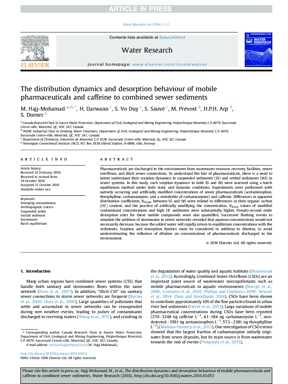 The distribution dynamics and desorption behaviour of mobile pharmaceuticals and caffeine to combined sewer sediments
