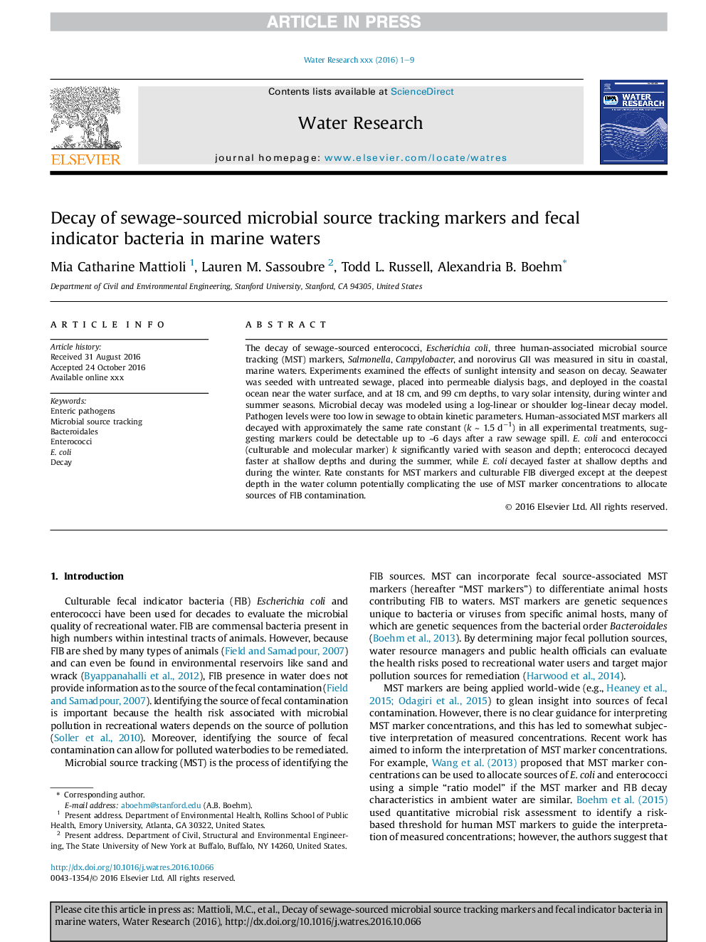 Decay of sewage-sourced microbial source tracking markers and fecal indicator bacteria in marine waters