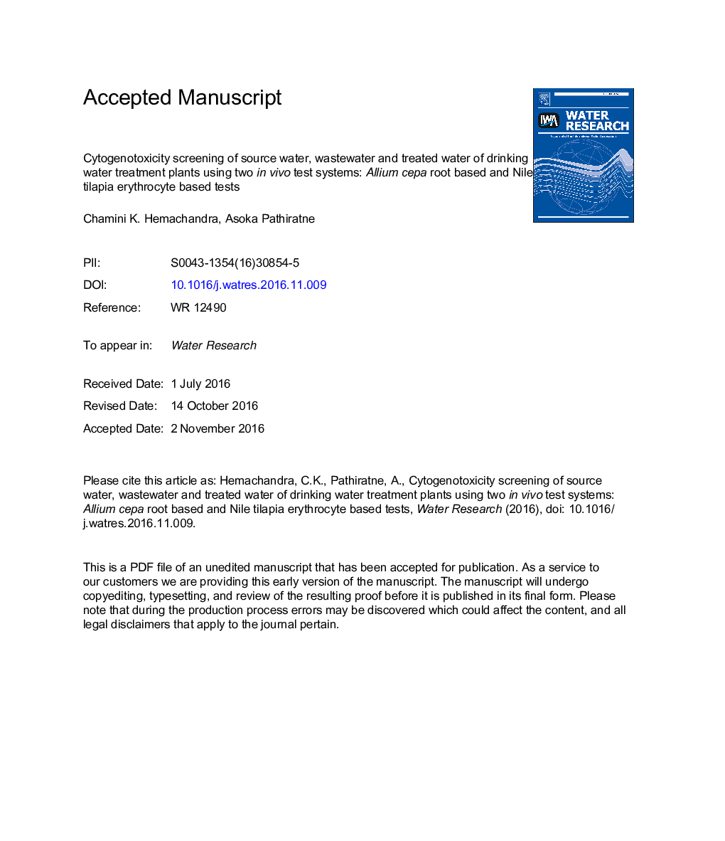 Cytogenotoxicity screening of source water, wastewater and treated water of drinking water treatment plants using two inÂ vivo test systems: Allium cepa root based and Nile tilapia erythrocyte based tests