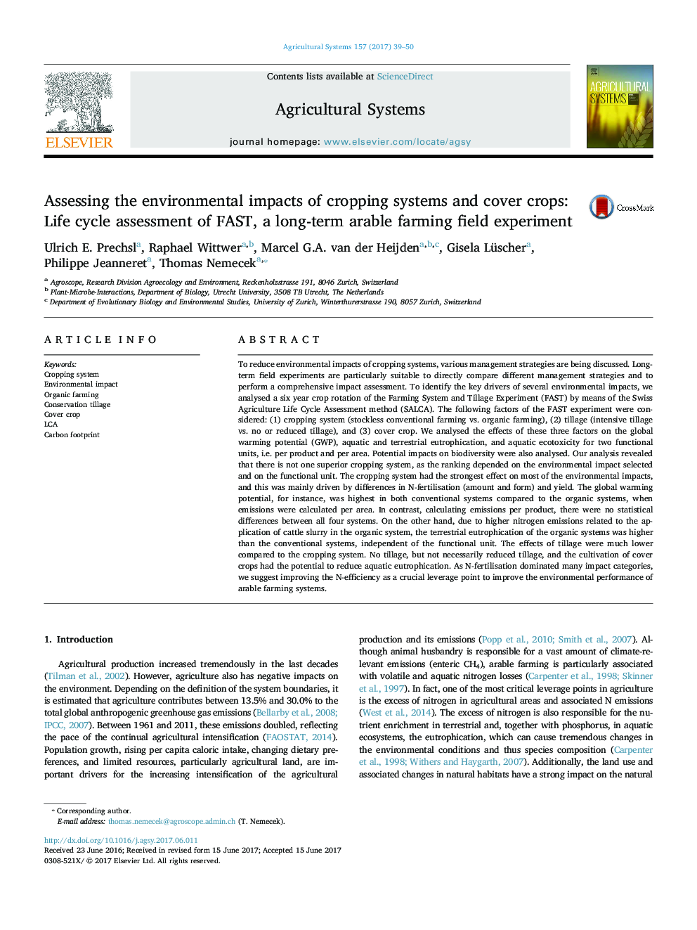 Assessing the environmental impacts of cropping systems and cover crops: Life cycle assessment of FAST, a long-term arable farming field experiment