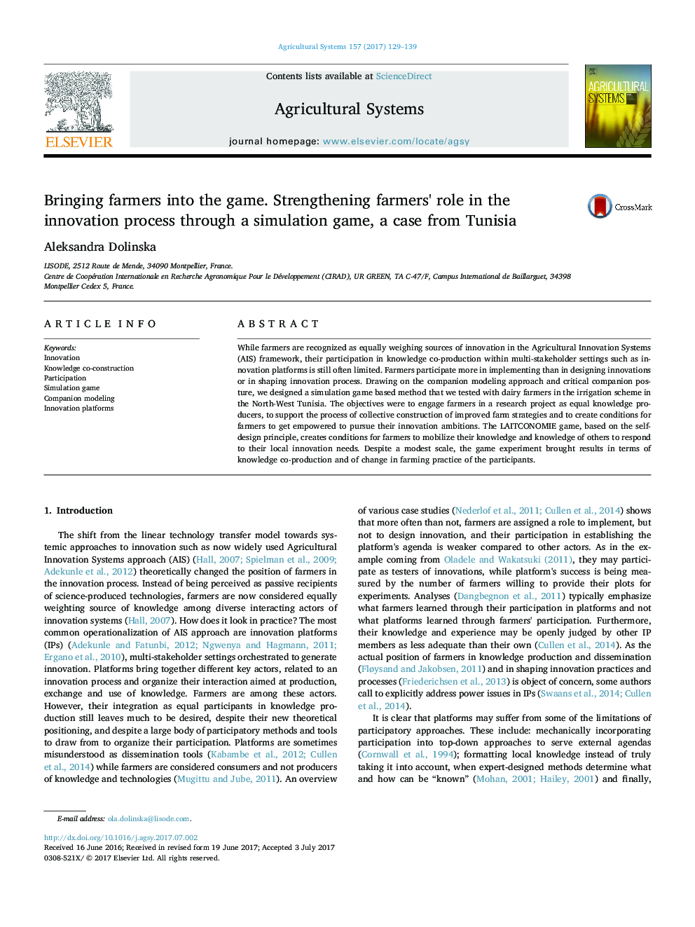 Bringing farmers into the game. Strengthening farmers' role in the innovation process through a simulation game, a case from Tunisia