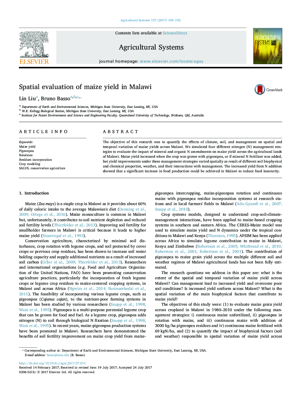 Spatial evaluation of maize yield in Malawi