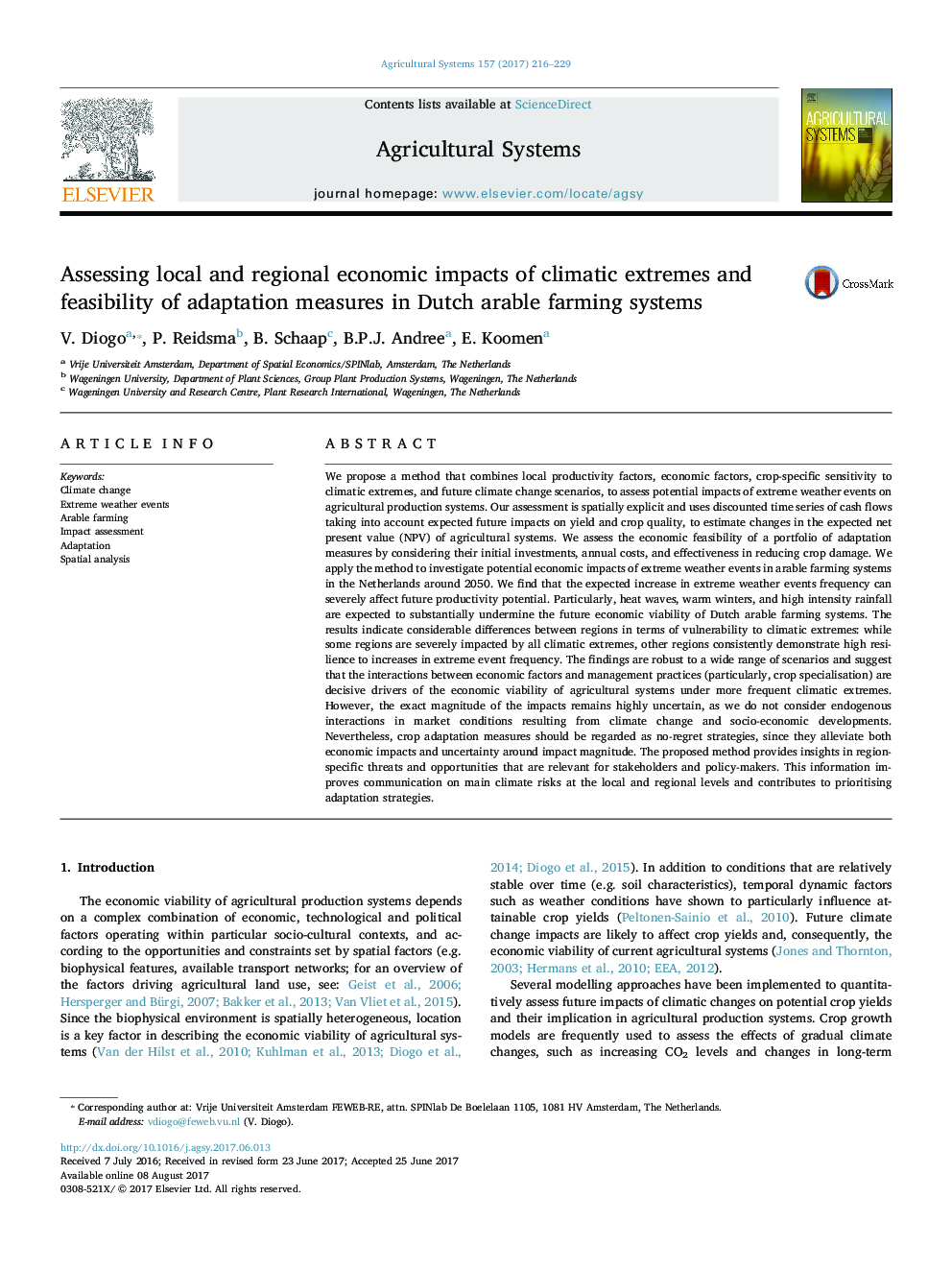 Assessing local and regional economic impacts of climatic extremes and feasibility of adaptation measures in Dutch arable farming systems