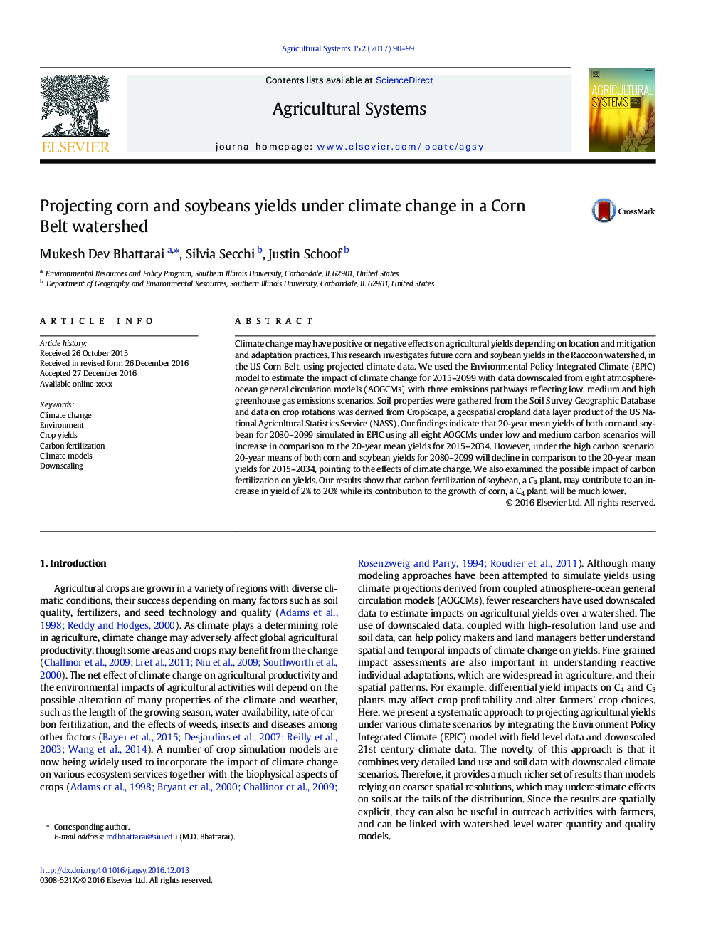 Projecting corn and soybeans yields under climate change in a Corn Belt watershed