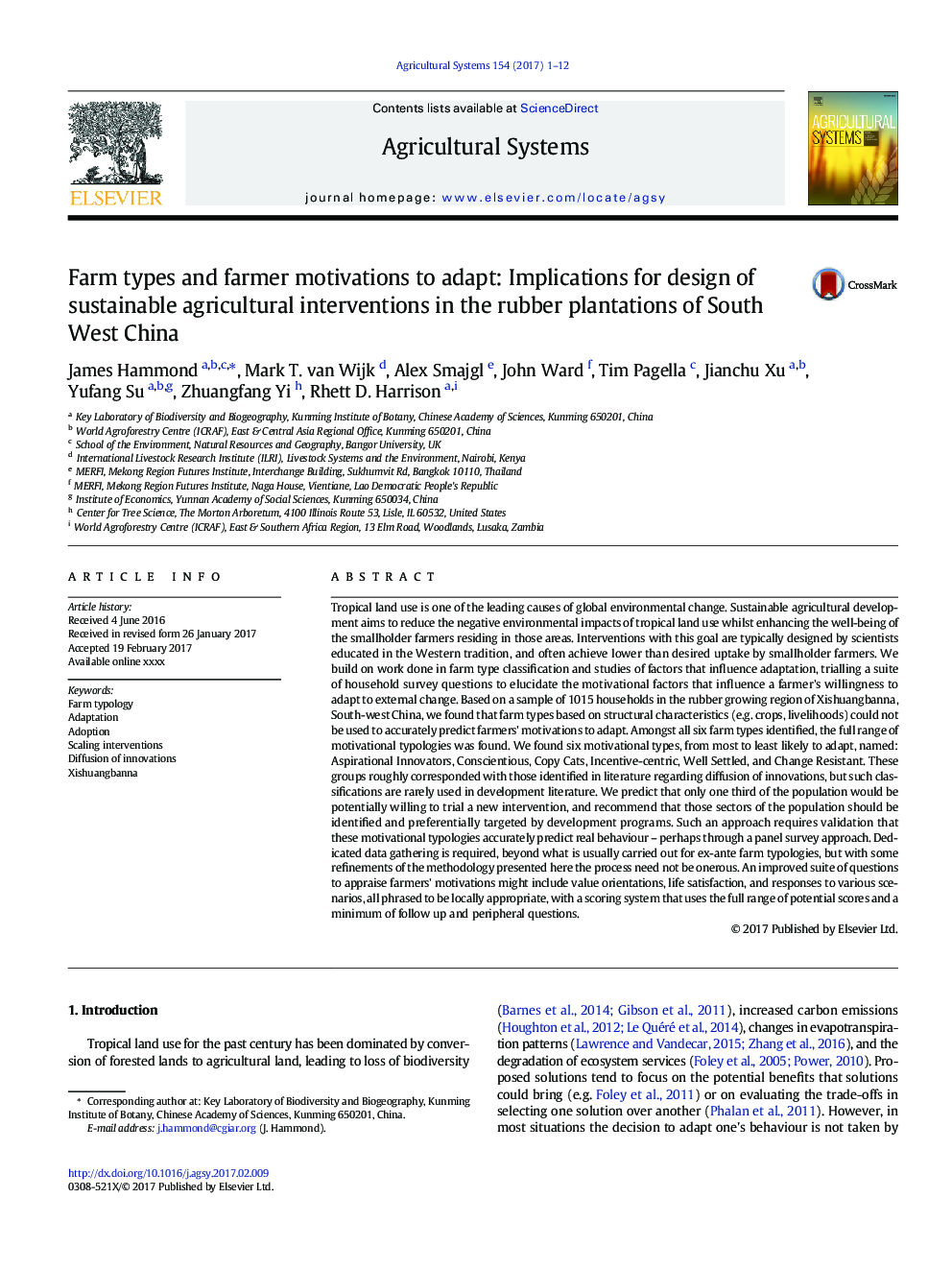 Farm types and farmer motivations to adapt: Implications for design of sustainable agricultural interventions in the rubber plantations of South West China