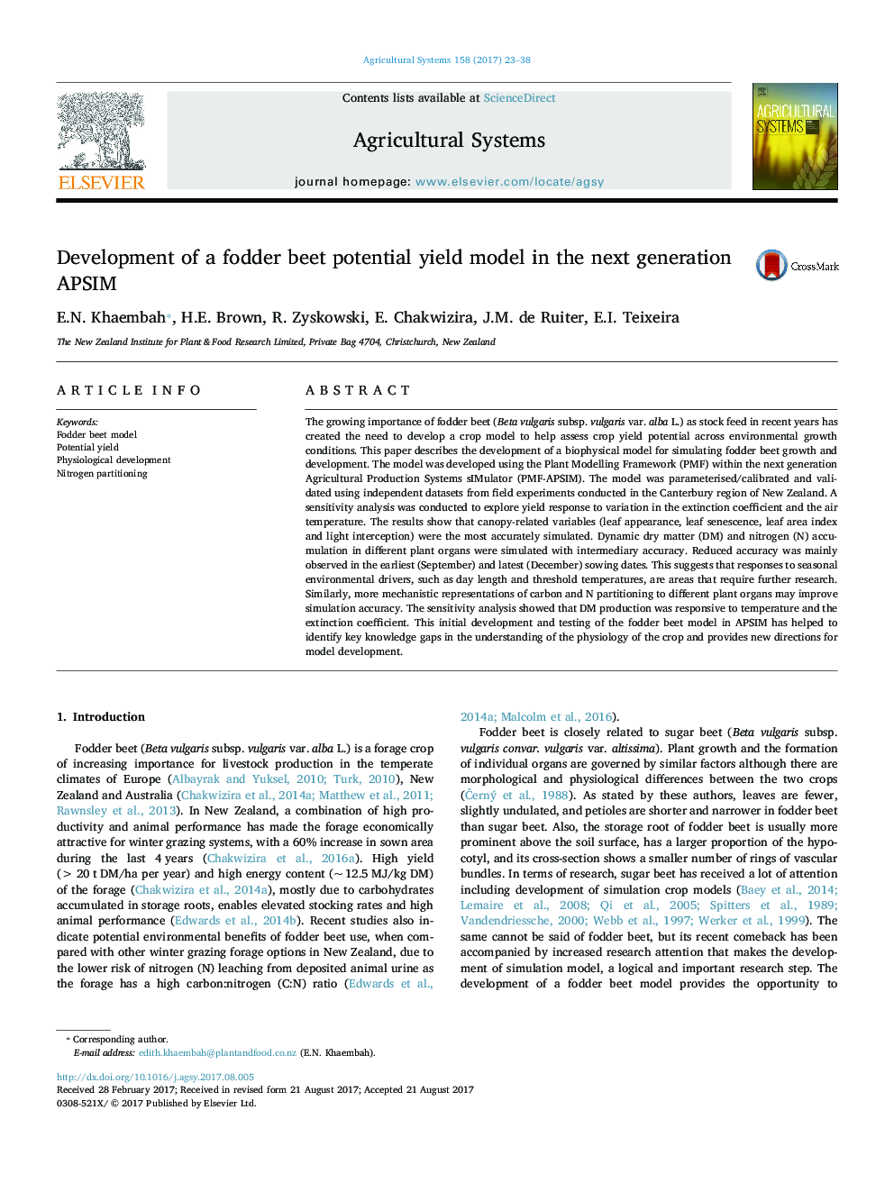 Development of a fodder beet potential yield model in the next generation APSIM