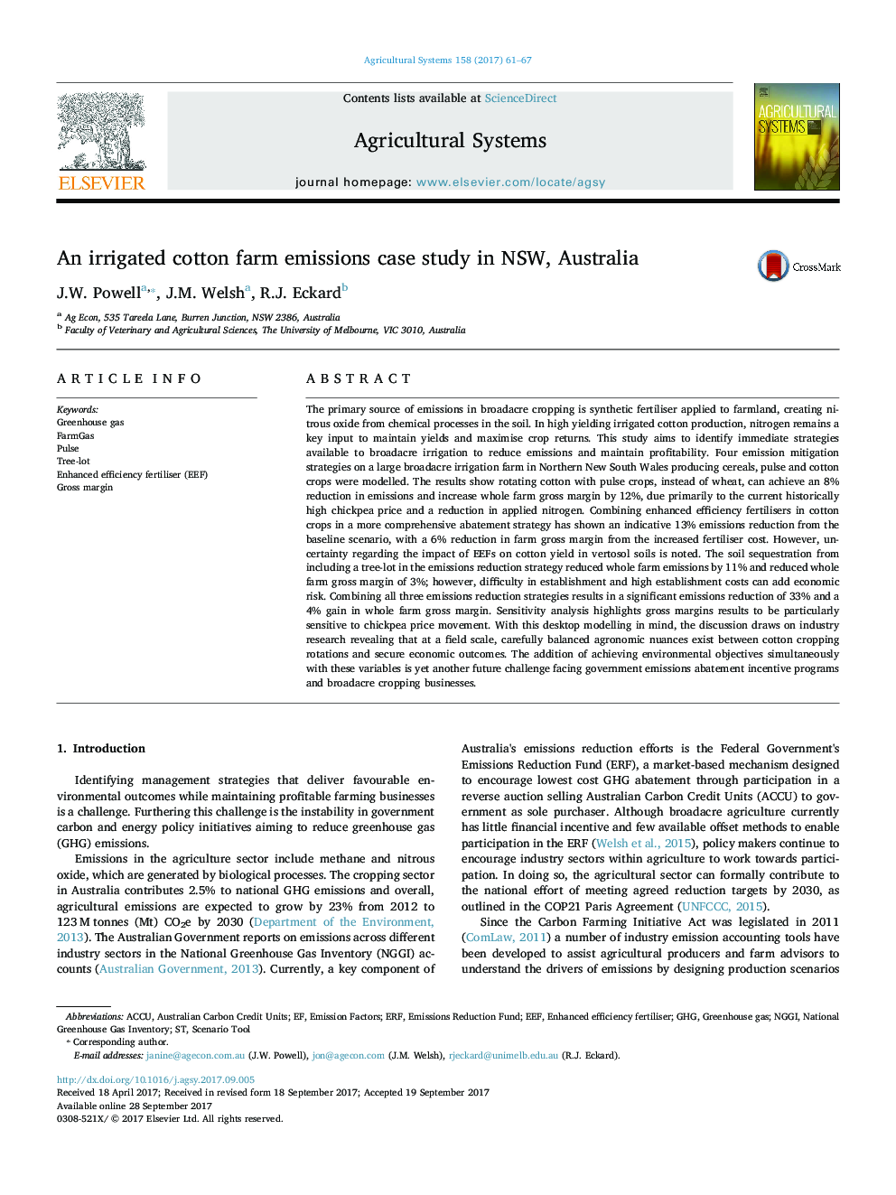 An irrigated cotton farm emissions case study in NSW, Australia