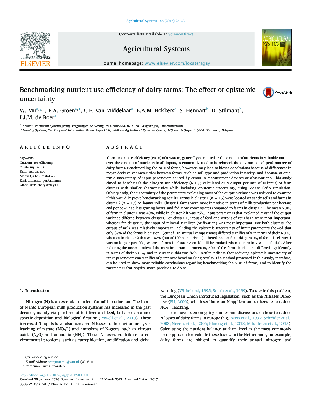 Benchmarking nutrient use efficiency of dairy farms: The effect of epistemic uncertainty