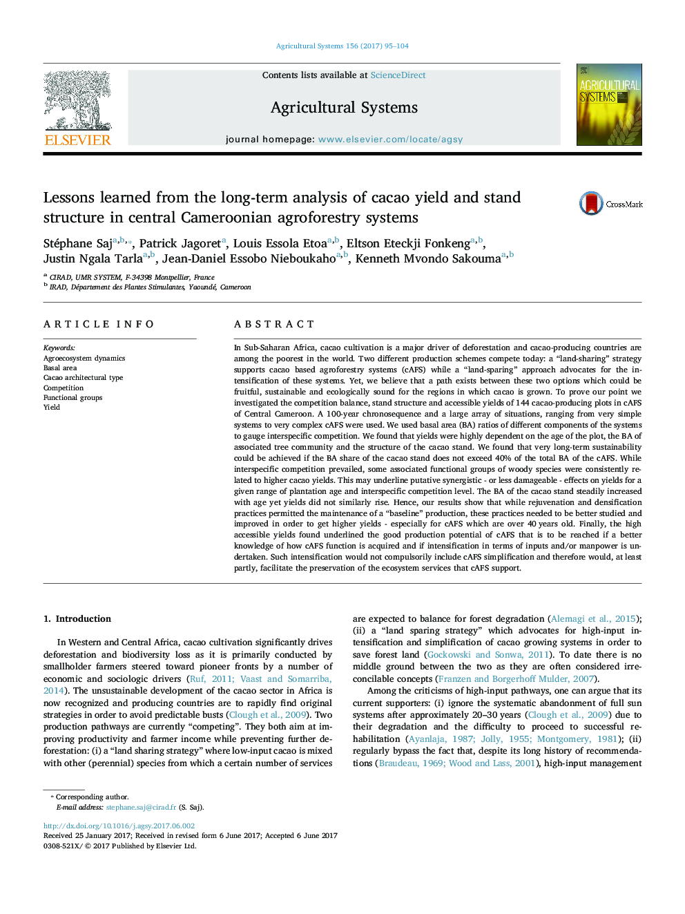 Lessons learned from the long-term analysis of cacao yield and stand structure in central Cameroonian agroforestry systems