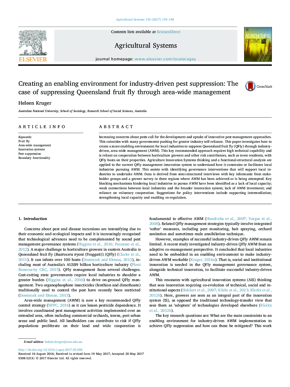 Creating an enabling environment for industry-driven pest suppression: The case of suppressing Queensland fruit fly through area-wide management