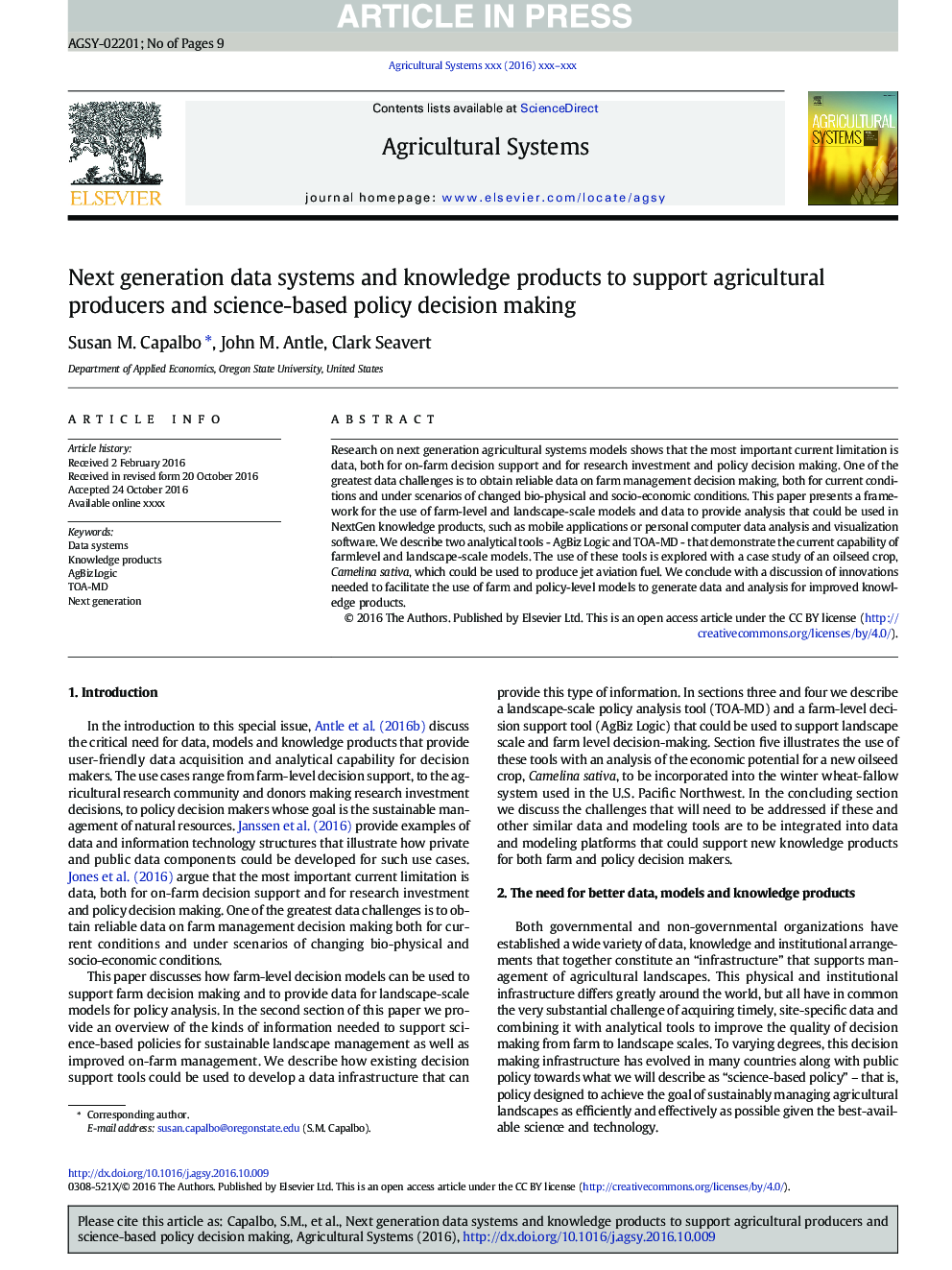 Next generation data systems and knowledge products to support agricultural producers and science-based policy decision making