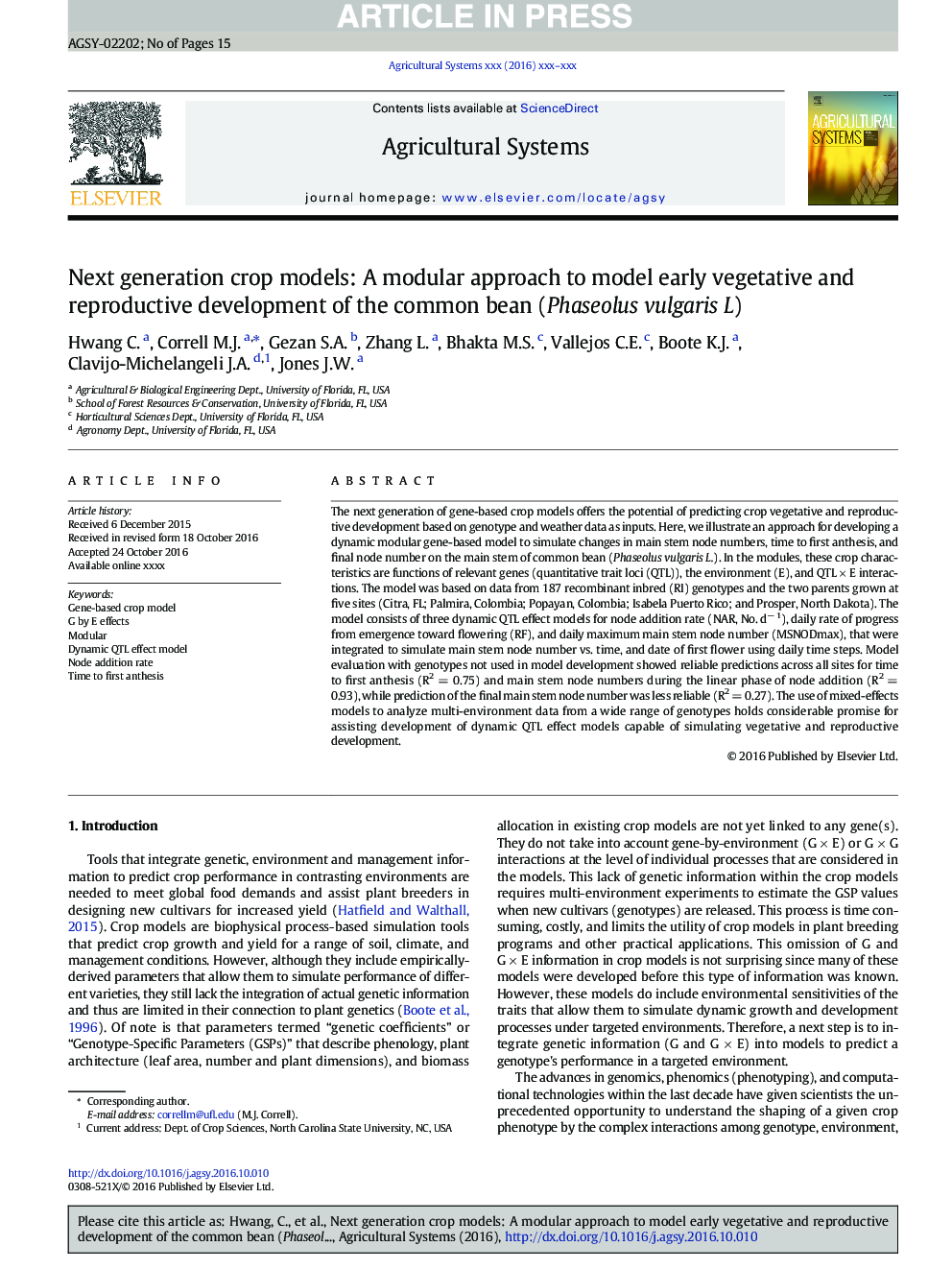 Next generation crop models: A modular approach to model early vegetative and reproductive development of the common bean (Phaseolus vulgaris L)