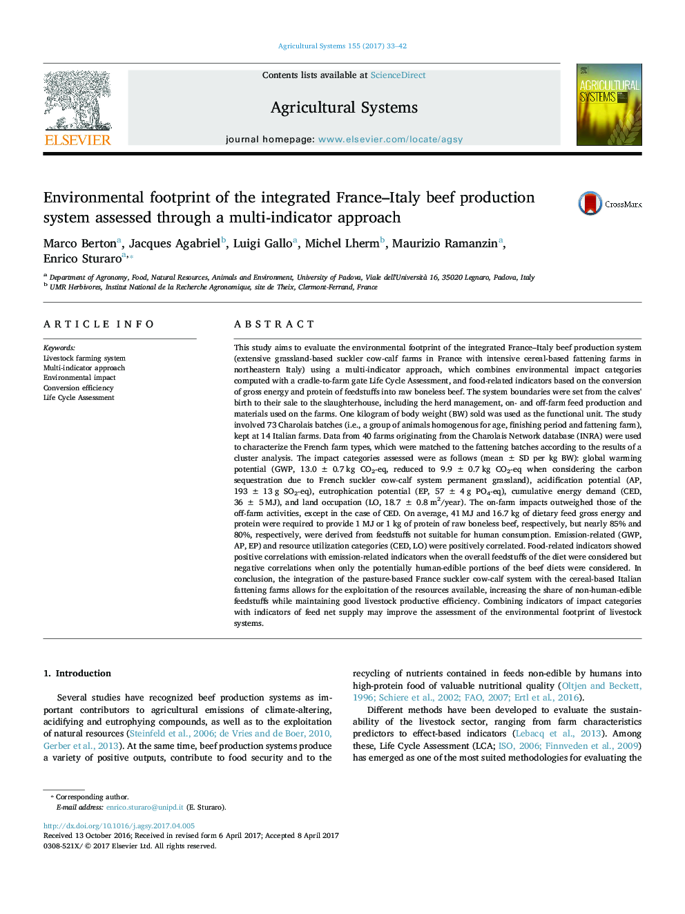 Environmental footprint of the integrated France-Italy beef production system assessed through a multi-indicator approach