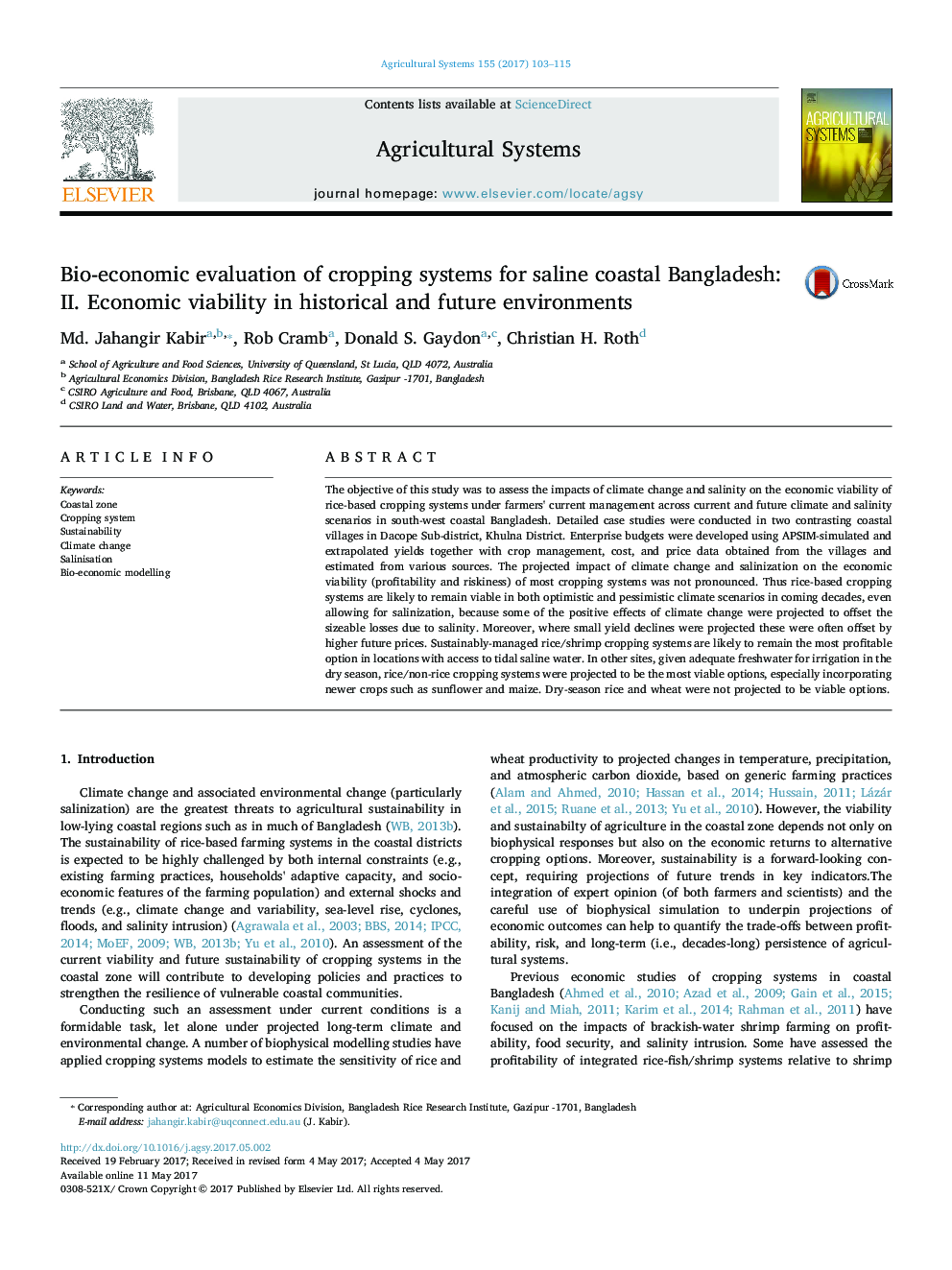 Bio-economic evaluation of cropping systems for saline coastal Bangladesh: II. Economic viability in historical and future environments