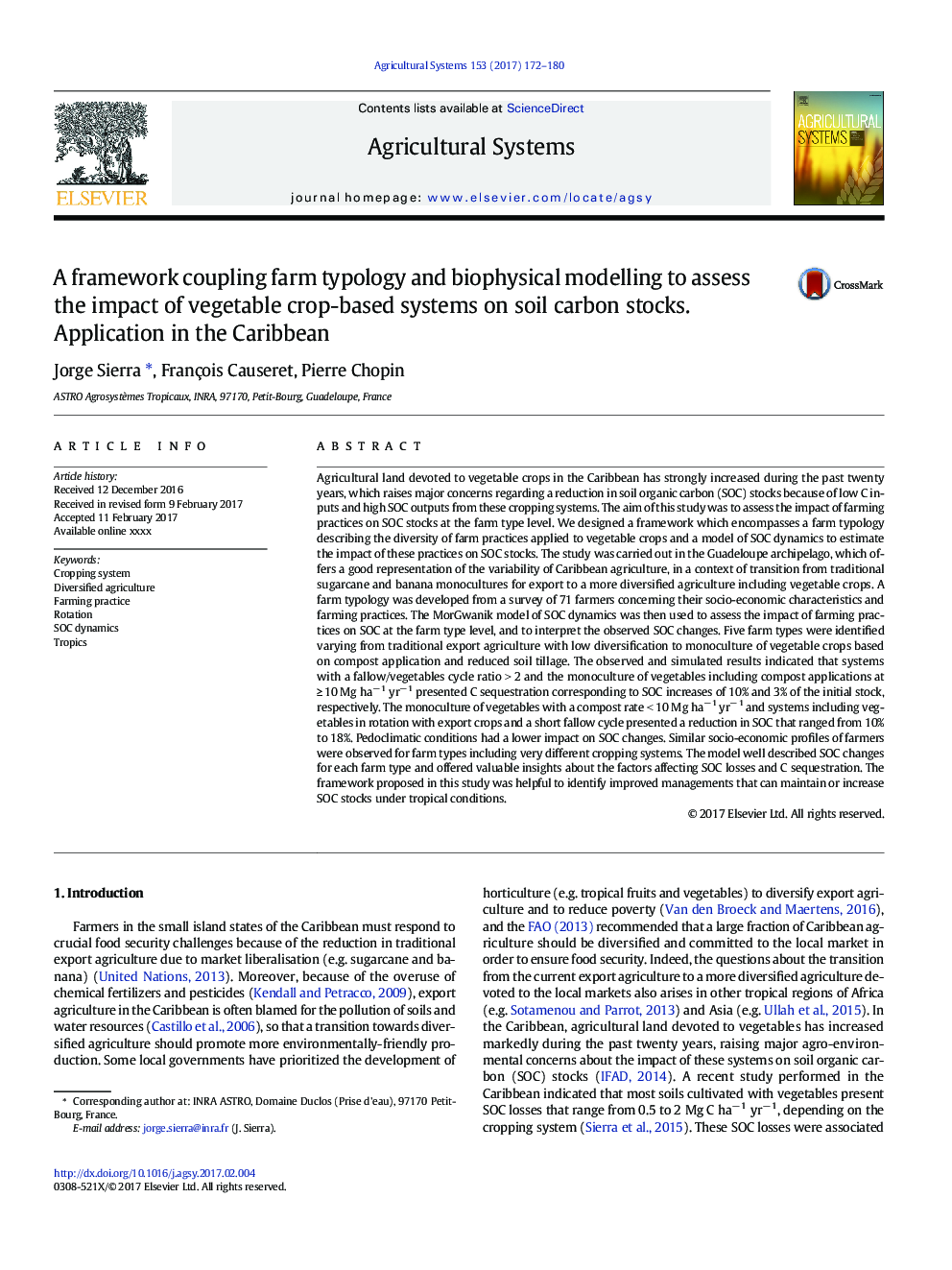 A framework coupling farm typology and biophysical modelling to assess the impact of vegetable crop-based systems on soil carbon stocks. Application in the Caribbean