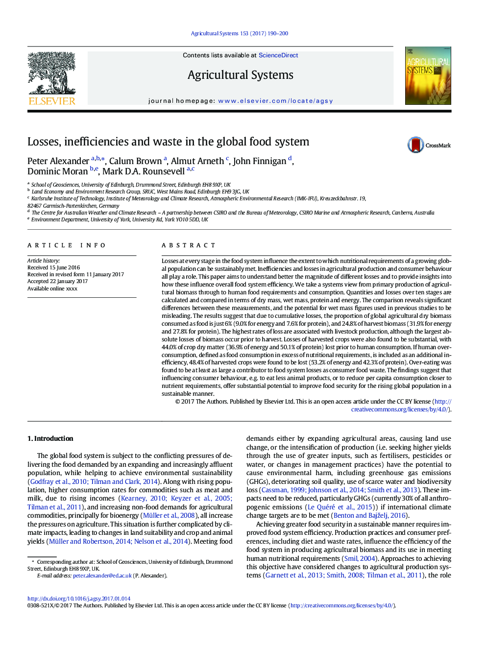 Losses, inefficiencies and waste in the global food system