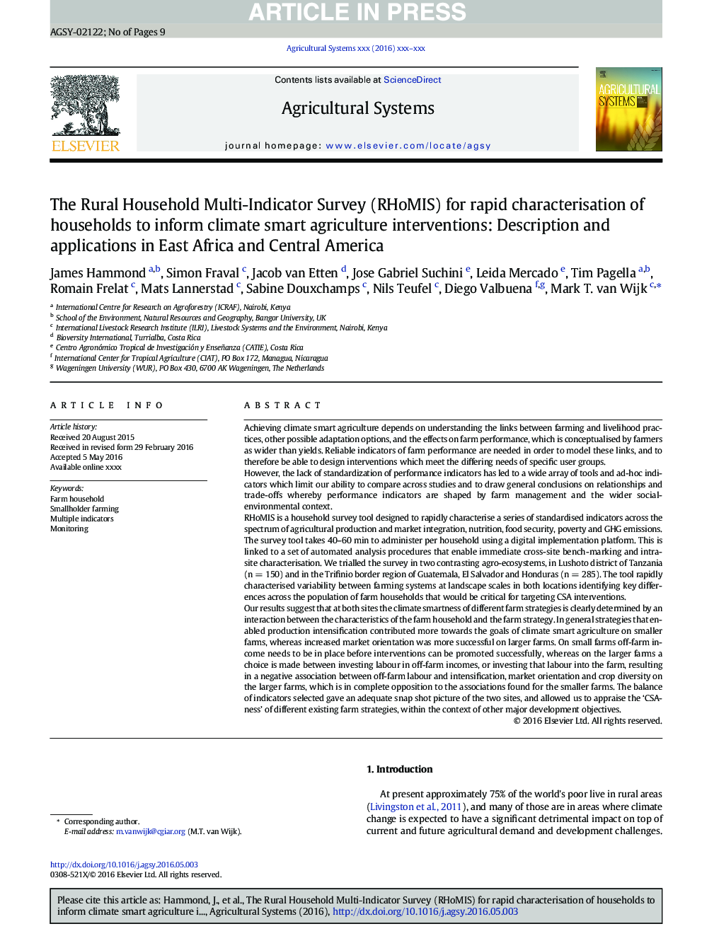 The Rural Household Multi-Indicator Survey (RHoMIS) for rapid characterisation of households to inform climate smart agriculture interventions: Description and applications in East Africa and Central America