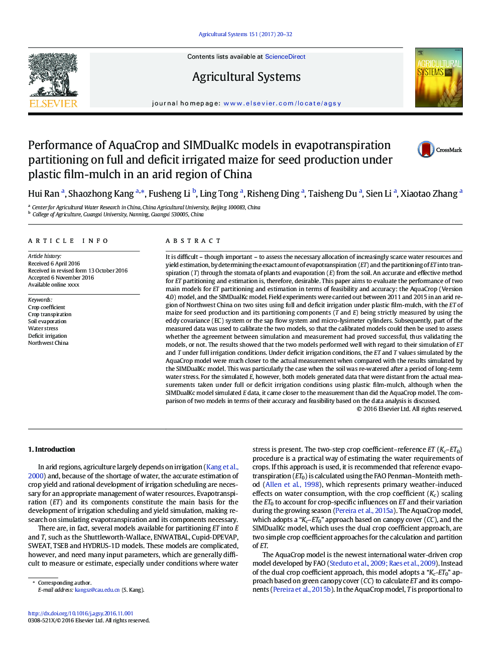 Performance of AquaCrop and SIMDualKc models in evapotranspiration partitioning on full and deficit irrigated maize for seed production under plastic film-mulch in an arid region of China