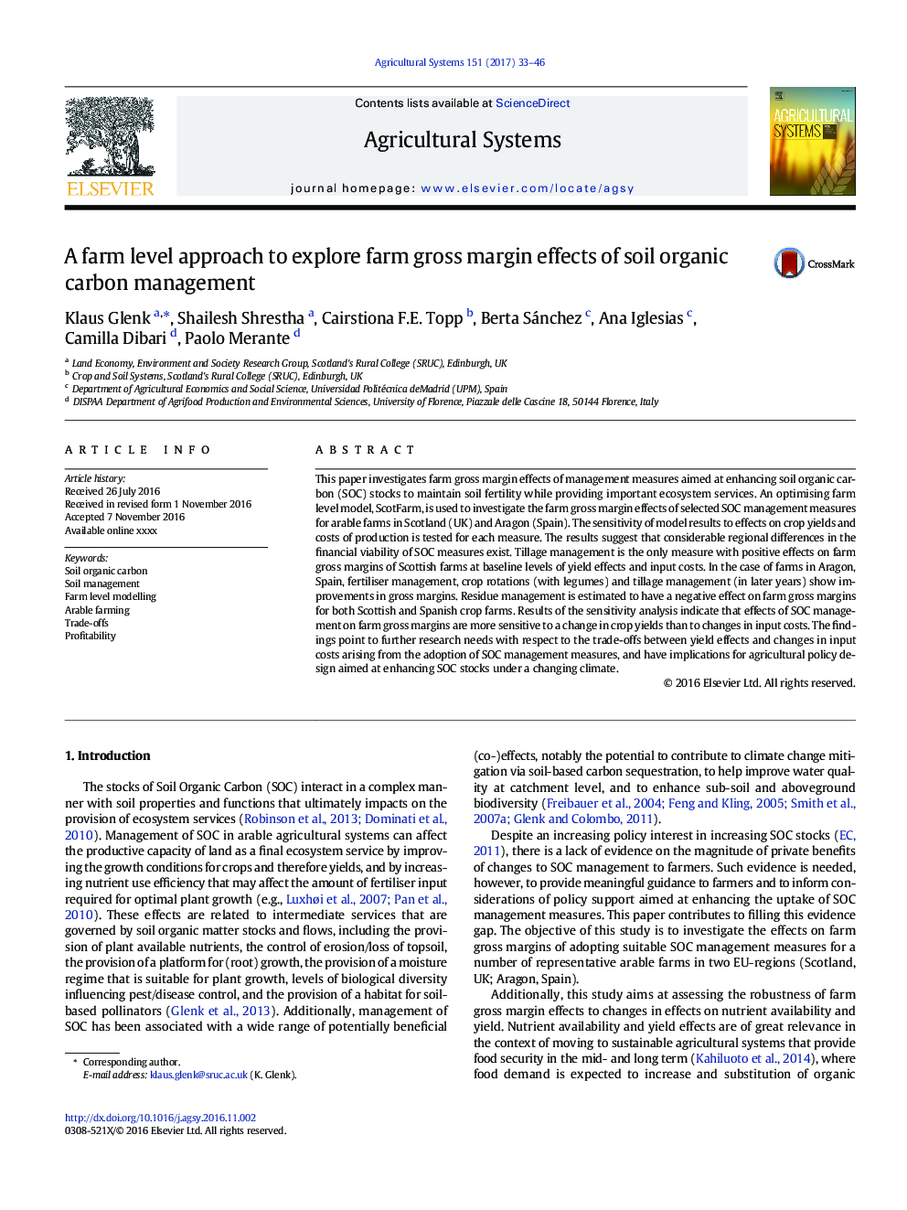 A farm level approach to explore farm gross margin effects of soil organic carbon management